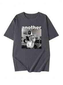 日系女式宽松圆领短袖字母印花T恤，春夏款 - 深灰色 - 查看 4