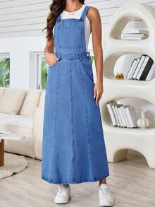 Women's Loose Wide Leg Denim Dress With Non Elastic Front Pocket, Adjustable Lace Up, Casual Loose Denim Shoulder Strap Skirt - Rửa trung bình - Xem 7