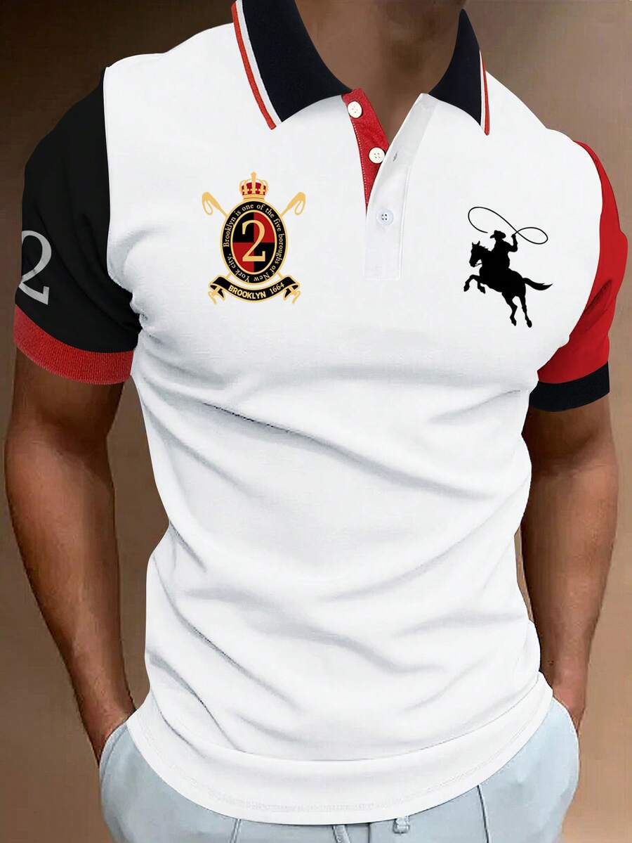 1pc Men's Casual Color Block Printed Short Sleeve Polo Shirt - Red - View 1