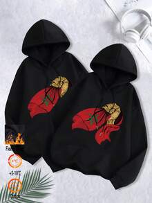 Top preto feminino, moletom com capuz de gola redonda forrado a lã com padrão da bandeira de Marrocos, moletom feminino com ombros caídos, tecido engrossado para outono e inverno, moletom com capuz quente e folgado, adequado para clima frio, conjunto preto de duas peças. - Preto 2 - Ver 1