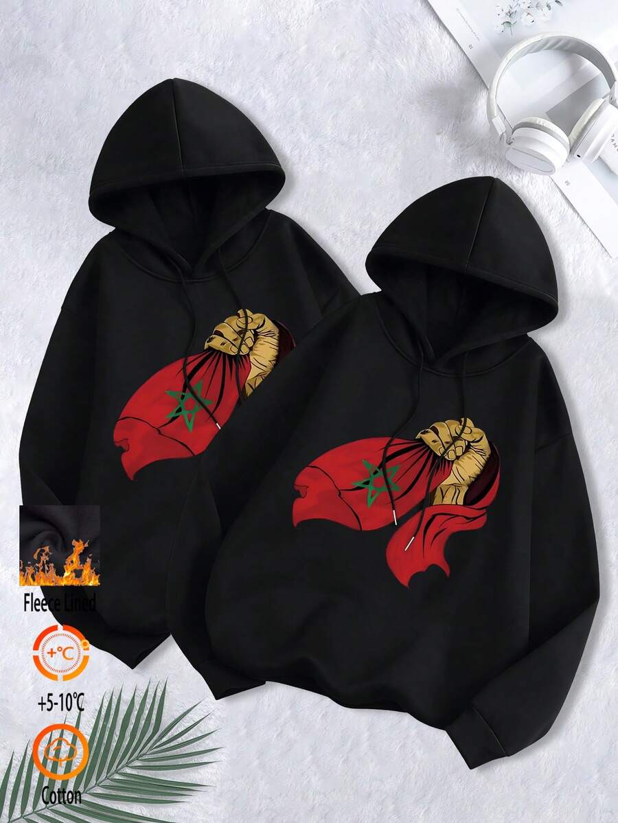 Top preto feminino, moletom com capuz de gola redonda forrado a lã com padrão da bandeira de Marrocos, moletom feminino com ombros caídos, tecido engrossado para outono e inverno, moletom com capuz quente e folgado, adequado para clima frio, conjunto preto de duas peças. - Preto 2 - Ver 1