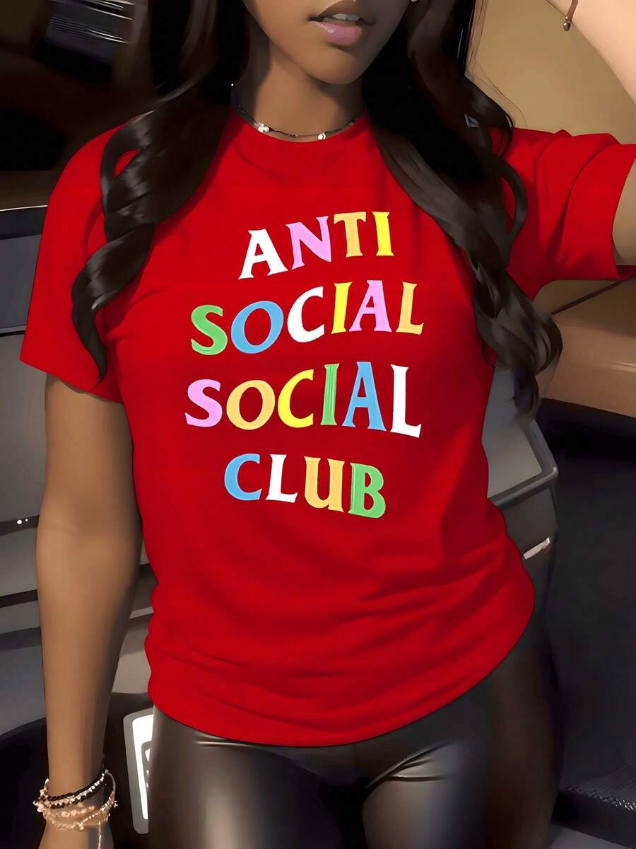 1pcs Anti Social Club Letter Graphic Print T Shirt 220g Summer Streetwear Women's Casual Round Neck 100% Cotton Tee Vintage Aesthetic Style - 紅色 - 查看 1