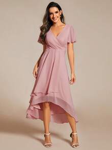 EVERPRETTY Elegant Chiffon V-Neck Ruched Front Pink Bridesmaid Dress, Soft High-Low Ruched Hem, Suitable For Wedding Ceremony And Formal Evening Occasions - Dusty Pink - View 7