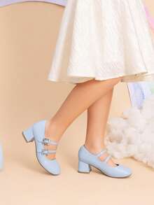 Girls Dress Shoes Mary Jane Double Straps High Heel Easter Wedding Party Church Princess Communion Pumps For Little/Big Kids - 淺藍色 - 查看 2
