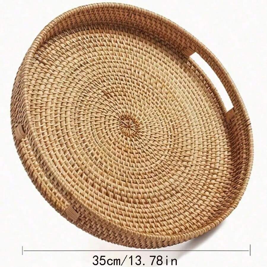 Juego de comedor/té de ratán tejido natural - Bandeja de servir de una sola pieza de ratán con asa, adecuada para cocina, comedor y ceremonia del té. Excelente para sostener tazas de té, frutas frescas, panes y aperitivos. - Naranja - Ver 1