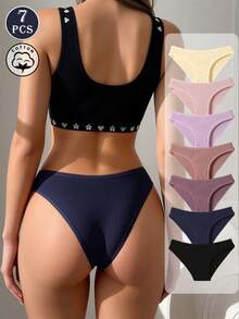 7pcs/Pack Women's Low Waist Multicolor Cotton Ribbed Briefs, Comfortable, Simple & Fashionable Soft Skin-Friendly Underwear - Multicolor - View 6