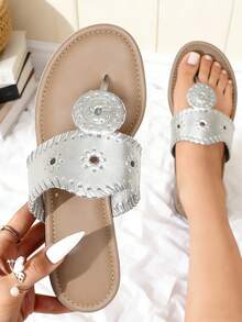 Women's Flat Sandals Silver Flip Flop Sandals Dressy Thong Sandals Comfortable Summer Sandals - Bạc - Xem 4