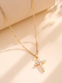 1 chiếc mặt dây chuyền hình thánh giá bằng đồng đính đá Cubic Zirconia sáng bóng, họa tiết sóng xoắn. - Vàng - Xem 4