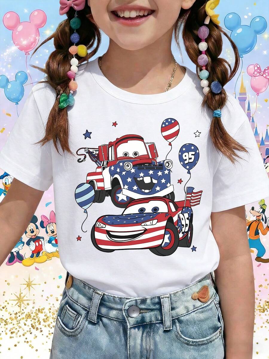 Disney Pixar Cars Lightning McQueen & Mater Patriotic USA Flag 4th Of July Printed Pattern T-Shirts For Girls - Children's Clothing Design Short-Sleeved Casual And Cute Style Comfortable And Casual Wear All Year Round Suitable For Parties And Play Machine Washable Gift Children's Clothing Girls' Short-Sleeved Shirts - trắng - Xem 1