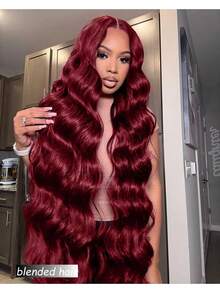 180% Density 10-36Inch 13x4 Body Wave Lace Front Wigs Human Blended Hair Pre Plucked 13x4 Frontal Wigs Human Blended Hair HD Lace Body Wave Wig Human Blended Hair Wigs For Women 99J Burgundy - S99J/BUG - View 2