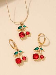 3pcs/Set Delicate Metal Cute Red Cherry Necklace & Earrings Jewelry Set, Suitable For Daily Wear And Gift - Red Cherry - View 6