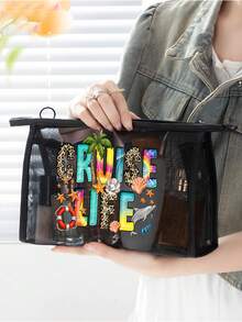 Large Capacity Mesh Bag Set, Featuring Colorful "Cruise Life" Lettering, Leopard Print Accents, Cute Beach Scenes, Dolphin And Seashell Patterns With Wavy Texture, Mesh Beach Tote Bag, Mesh Makeup Organizer Bag, Foldable Large Capacity Beach Bag Waterproof And Sandproof, Letter Decorated Mesh Beach Tote, Suitable For Commuting, Shopping, Vacation And Daily Casual Use, Perfect Gift For Friends - Multicolor - View 13