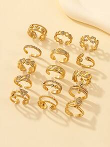 2/4/6/8/12pcs Stainless Steel 18K Gold Plated Mixed Pattern Rhinestone Inlaid Open Ring Set, Assorted Styles Randomly Shipped - Yellow Gold - View 3