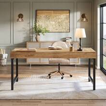 LITTLE TREE 55" Industrial Executive Desk, Rustic Computer Desk With Strong Metal Legs, Home Office Writing Study Table Workstation - Mocha Brown - View 5