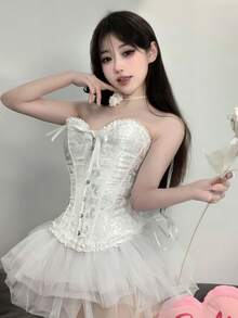 1 bộ đồ liền thân gợi cảm để cosplay, kiểu dáng buộc dây, áo corset điều chỉnh eo với nơ và khoen kim loại, chân váy peplum ren, thích hợp cho các bé gái chụp ảnh, dự tiệc, hóa trang. Màu trắng. - trắng - Xem 1