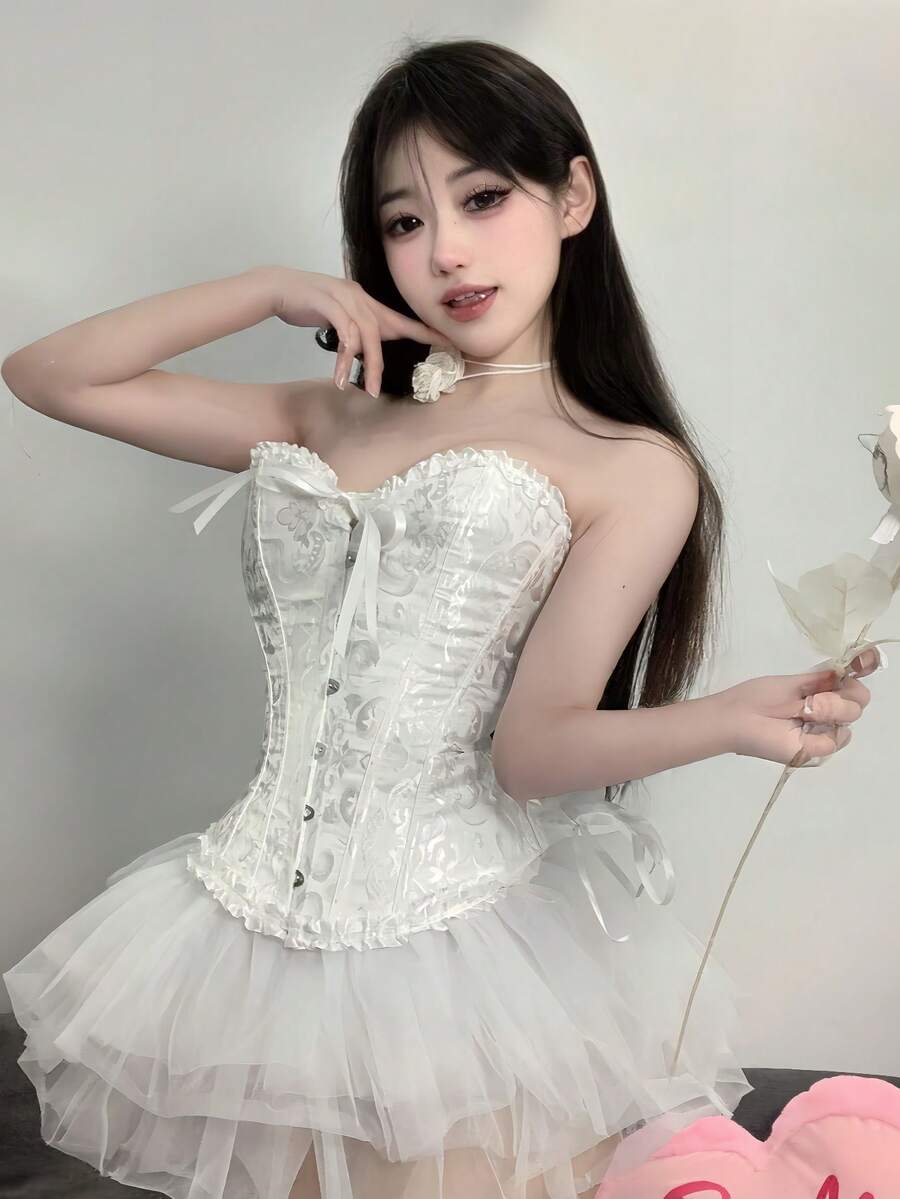 1 bộ đồ liền thân gợi cảm để cosplay, kiểu dáng buộc dây, áo corset điều chỉnh eo với nơ và khoen kim loại, chân váy peplum ren, thích hợp cho các bé gái chụp ảnh, dự tiệc, hóa trang. Màu trắng. - trắng - Xem 1