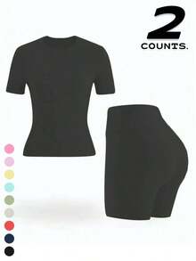 2 Piece Women's Solid Color Activewear Set, Crew Neck & Lapel Short Sleeve Tees With High-Waisted Biker Slim-Fit Shorts, High Stretch Gym Workout Outfit, Fitness Sportswear For Indoor Outdoor Casual Gym Fitness Workspace - 黑色 - 查看 1
