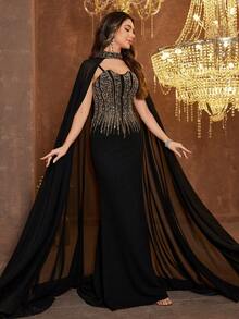 SUPGIR Women's Round Neck Flowy Sleeve Sequin Embroidery Fitted Chiffon Evening Dress - Black - View 7