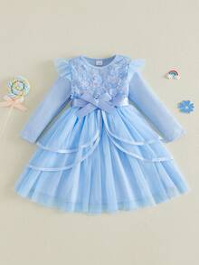 Toddler Dress Girls Ruffle Long Sleeve Layered Tulle Dress Fall Spring Fashion Party Dresses 3-10T, Kids Holiday Birthday Wedding Outfit - 天藍 - 查看 8