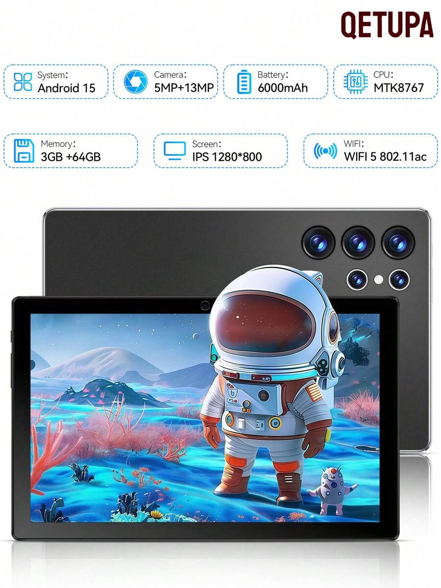Qetupa Tablet PC Android 15 inci 10,1 inci, RAM 3GB + ROM 64GB, Prosesor MTK 8767 Octa-Core 2.0GHz, Layar Sentuh IPS HD (1280x800), Bluetooth 5.2 & WiFi 5 802.11ac, GPS, Kamera Depan 5MP & Kamera Belakang 13MP, Baterai Besar 6000mAh, Tidak Mendukung Kartu SIM - Hitam - View 1