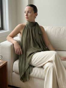 Womens Halter Neck Long Tops Summer Fashionable Dot Print Backless Going Out Vest - Army Green - View 3