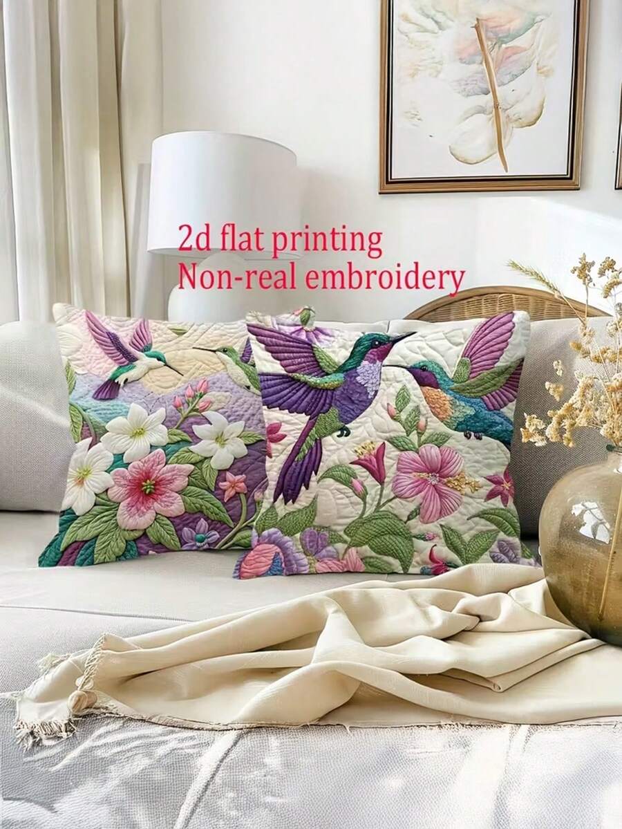 2pcs 2D Hummingbird & Floral Pattern Throw Pillow Covers, Farmhouse Style Faux Embroidery Decorative Cushion Covers, 18X18 Inch, Zippered Polyester Pillowcases, Suitable For Sofa, Living Room, Outdoor Use - Multicolor - View 1