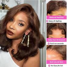 无胶水水波波头假发 4x4 5x5 高清预剪蕾丝前额闭合假发 易于佩戴 13x4 13x6 蕾丝前额假发 180% 密度 短波浪卷发 预先拔毛 预先漂白 耐热合成纤维 混纺人发 巧克力棕色 4# 8英寸-34英寸 预剪水波波头 4x4 5x5 蕾丝款 - 棕色 - 查看 7