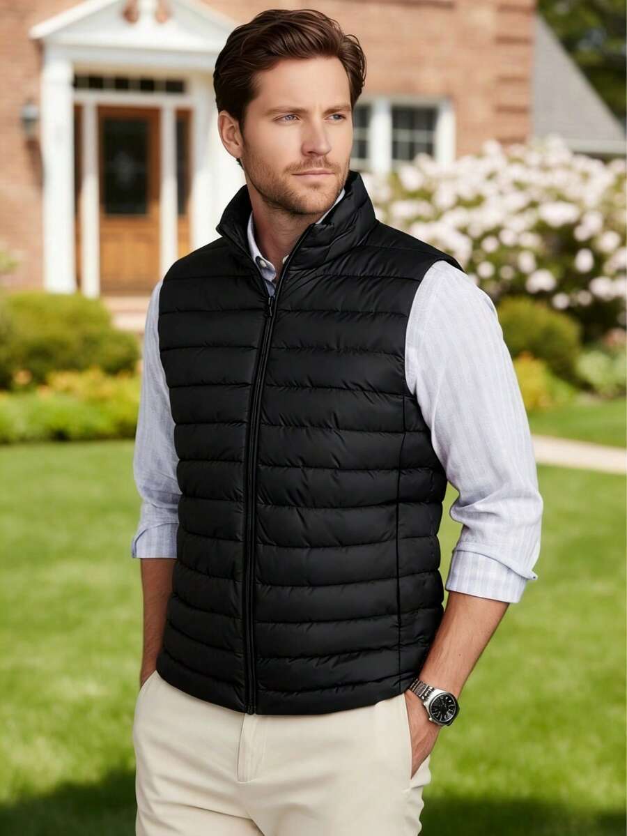 1pc Casual Sleeveless Vest, Warm Travel Outdoor Solid Color Top, Autumn/Winter - Black - View 1