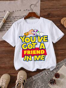 Disney Toy Story You've Got A Friend In Me Woody And Buzz Heart Hands Printed Pattern T-Shirts For Girls - Children's Clothing Design Short-Sleeved Casual And Cute Style Comfortable And Casual Wear All Year Round Suitable For Parties And Play Machine Washable Gift Children's Clothing Girls' Short-Sleeved Shirts - Blanc - Voir 2