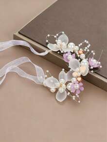 1件装女孩珍珠花环发箍，新娘风格手工编织手镯花朵，甜美编织发带头饰 - 彩色 - 查看 8