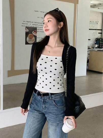 2pcs Women Lightweight Knit Cardigan & Polka Dot Cropped Tank Top Set, Slim Fit Casual Layering Outfit For Spring/Summer