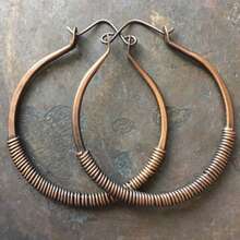 Copper Wire Wrapped Hoop Earrings, Copper Large Hoop Earrings, Rustic Style Jewelry, Large Hoop Earrings - Bronze - View 1