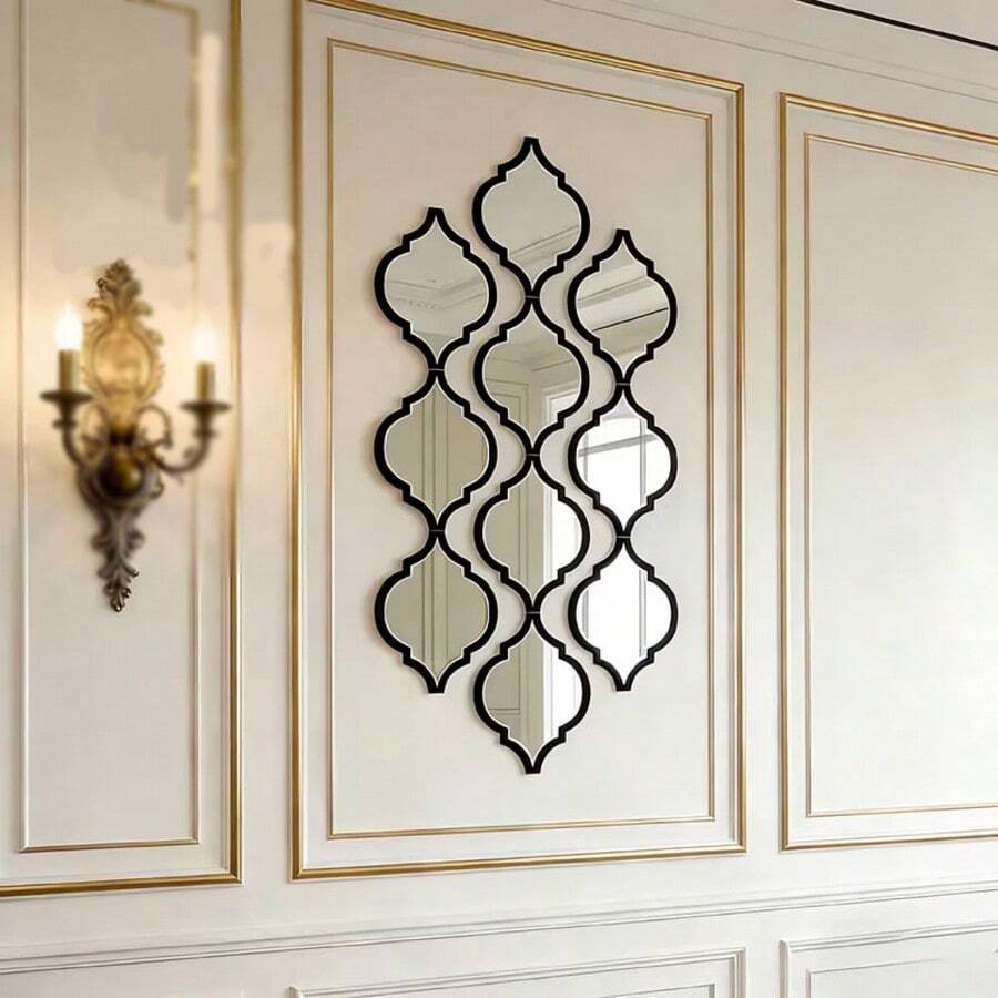 1 Set Large Moroccan Style Art Decorative Mirror | Classic Black Design, Wall-Mounted, Suitable For Bathroom, Living Room, Hallway, Ideal For Home Decor/Valentine's Day Creative Gift, Plastic Frame - 12pcs - View 1