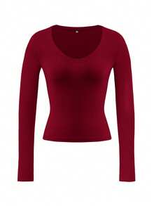 Vaiaye 女士修身 V 领性感长袖 Y2K 针织上衣，春夏纯色 V 领 T 恤，适合情人节穿着 - 酒紅色 - 查看 3