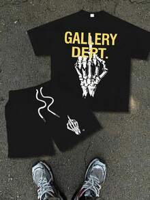 Mens Creative Black T Shirt And Shorts Set American Vintage Full Print Street Wear Essential Graphic Tee With Skeleton Hand And Gallery Deptt Text For Casual Outfits Urban Fashion Look - 黑色 - 查看 1