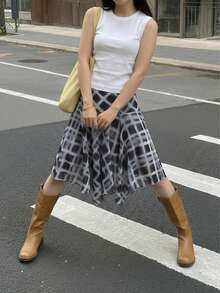 女士优雅不对称下摆格子A字裙，商务休闲街头风时尚单品，格子裙，不对称下摆，适合海滩、办公室、日常、旅行、机场、春秋度假等场合。 - 黑色 - 查看 6