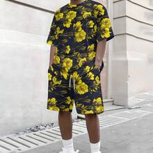 2-Piece Retro Fresh Knitted Fabric Full Rich Men's Holiday Trips Summer Black Base Yellow Floral Pattern Short Sleeve Beach Shorts Set - 彩色 - 查看 4