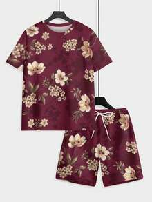 2-Piece Retro Vivid Knitted Fabric Full Rich Men's Dating & Commute Summer Burgundy Base Yellow Floral Pattern Short Sleeve Beach Shorts Set - Multicolor - View 6