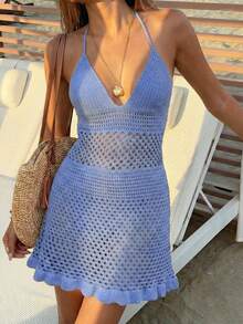 女士性感镂空露背系带沙滩罩衫迷你连衣裙，夏季度假 - 藍色 - 查看 3