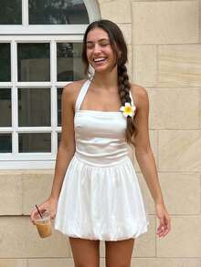 Women's Satin Bubble Hem Halter Dress  Backless Tie-Up Neck Mini Dress In Muted Color Palette  Perfect For Summer Parties, Beach Getaways, And Date Nights  Available In Multiple Hues - White - View 2