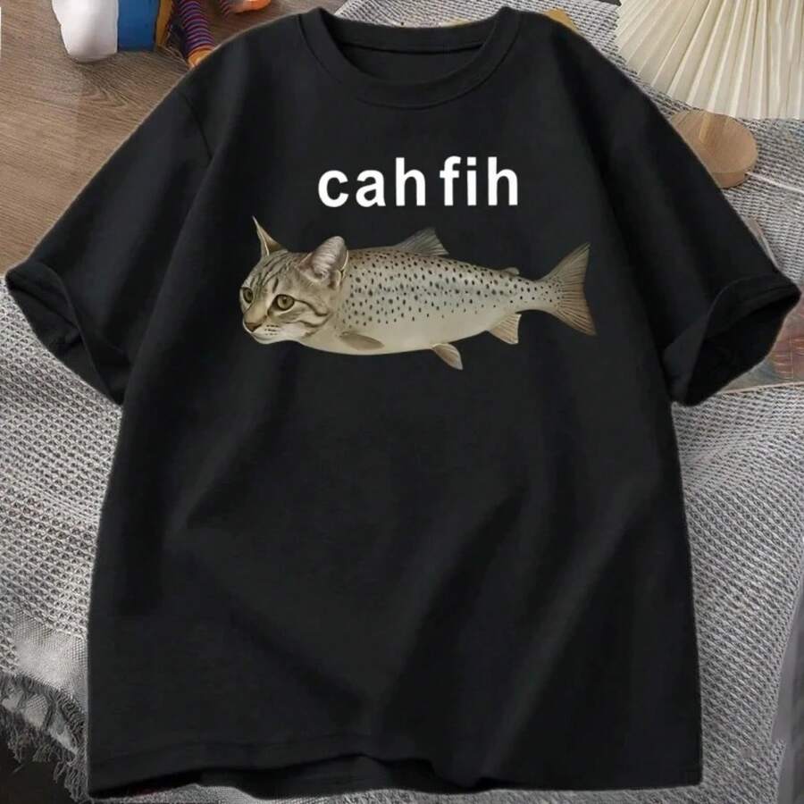 Cah Fih T-Shirt Fih Funny Mispelled Fish Meme T Shirt Cat And Fish Graphic Humor Tshirt Casual Short Sleeve Clothes Graphic Y2K - 黑色 - 查看 1
