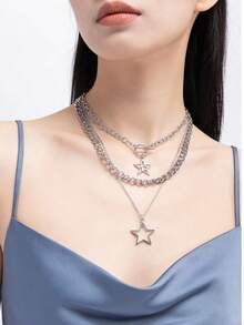 3pcs/Set Vintage Gothic Style Statement Star Charm Chunky Chain Necklace Set For Women, Punk Style - Silver - View 3