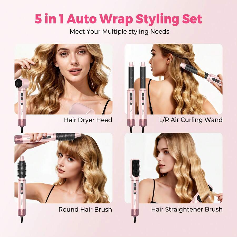 UKLISS 五合一离子吹风机，多功能热风造型器，带可拆卸风嘴，便携式耐热吹风工具 - 粉色 - 查看 1