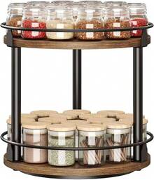 Organizador Giratorio de Madera,Estante giratorio de 30.5 cm de 360 grados para especias, Marco Negro, Base de Madera Natural, Doble Nivel,para Cocina, Encimera, Gabinete y Mesa(Marrón - 2 capas) - Marrón - 2 capas - Ver 2