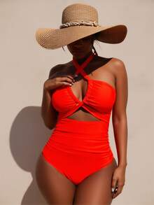 New Women's Solid Color Fashion Jacquard Sexy Strap Triangle Swimsuit One-Piece Swimsuit With Skirt Two-Piece Set Elegant Casual Vacation Swimwear For Women - 桔色 - 查看 2