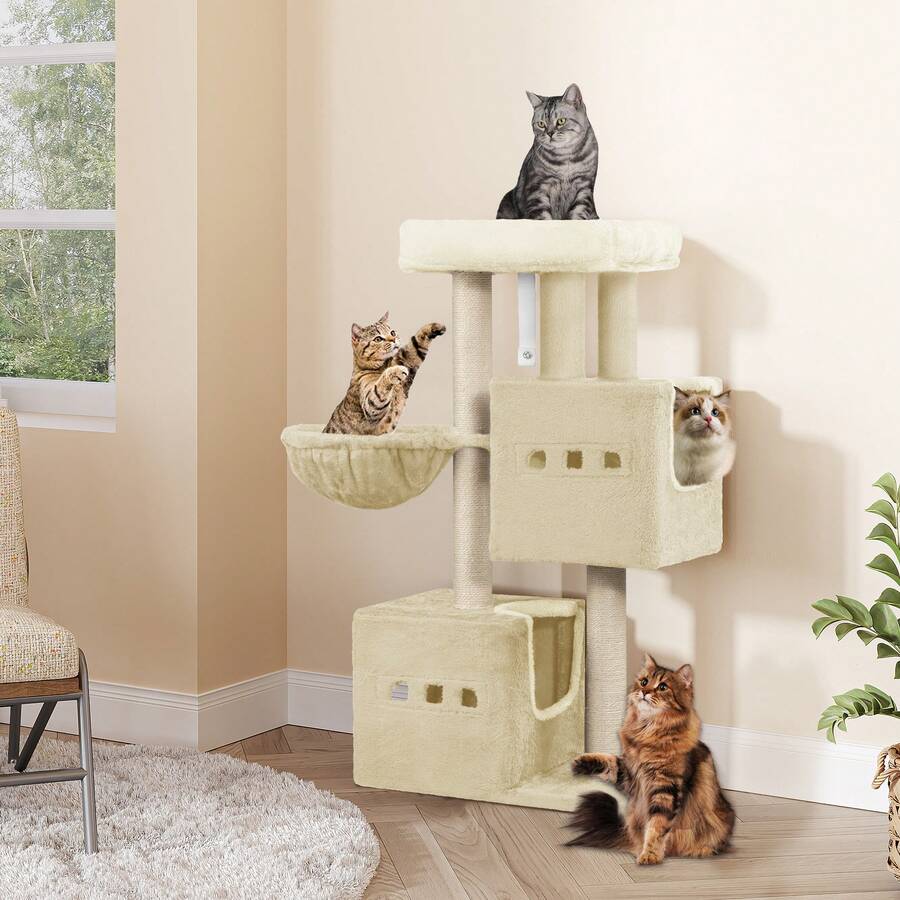HaluPeit 98 Cm Scratching Post, Cat Tree, Small Scratching Post, Multi-Storey Scratching Post With Perch, Cat House Furniture With 2 Caves, Sisal Cat Scratching Post, Hammock, Cave - 米色 - 查看 1