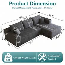 No Assembly 95" L Shaped Cloud Sectional Sofa Plush Corduroy Deep Seat Upholstered Corner Couch For Living Room - 灰色 右邊 - 查看 5