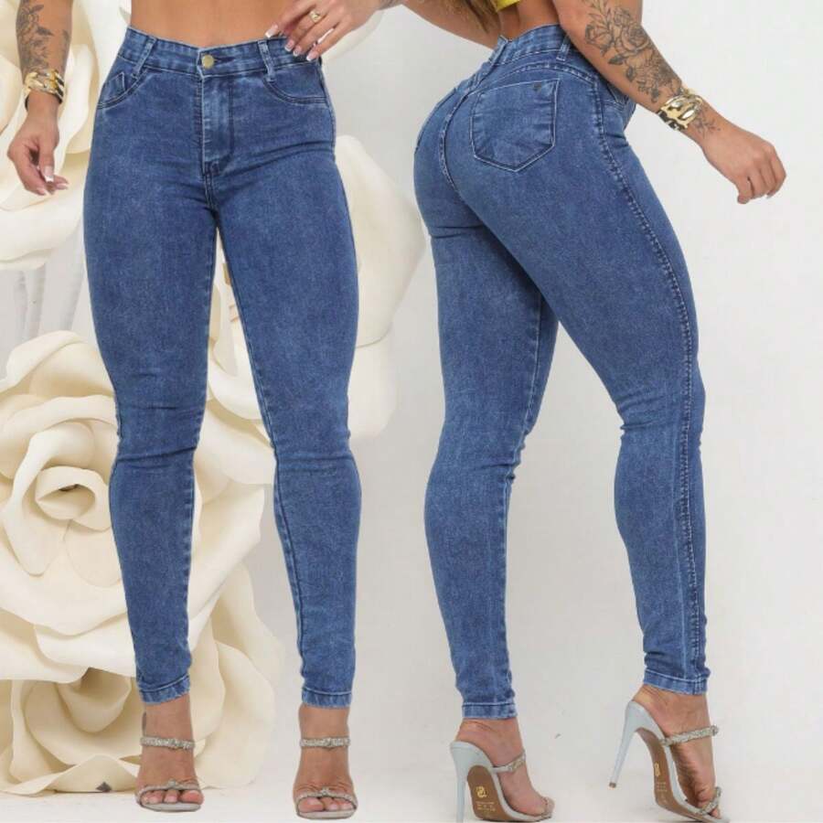 Calças Jeans Feminina Marmorizada Cintura Alta Com Elastano Cós Alto Levanta Bumbum