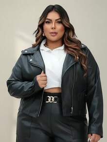 Jaqueta Biker em Couro Sintético Plus Size Preta – Poder e Estilo para Curvas Reais  elegante  Casual  Festa    Zíper  Botão - Preto - Visão 13