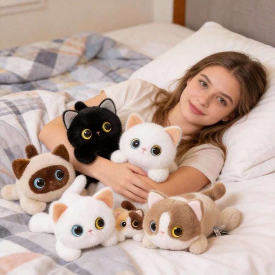可爱卧姿暹罗猫毛绒玩偶,逼真仿真小猫摆件,沙发靠垫抱枕,毛绒娃娃,万圣节黑猫装饰 - 大眼貓 - 查看 1
